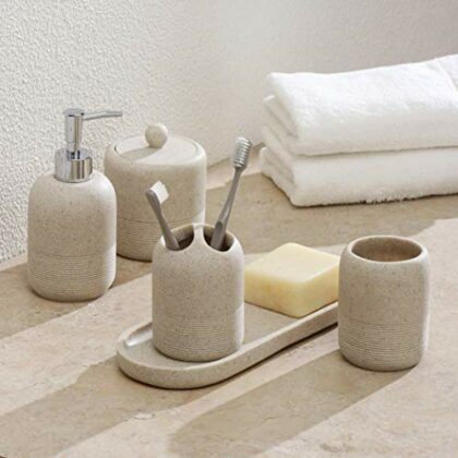 QL DESIGN Juego de accesorios de baño de 5 piezas de alta calidad Polyresin Ensemble-Lotion Dispenser/Soporte de cepillo de dientes/tarro de algodón/bandeja/vaso taza