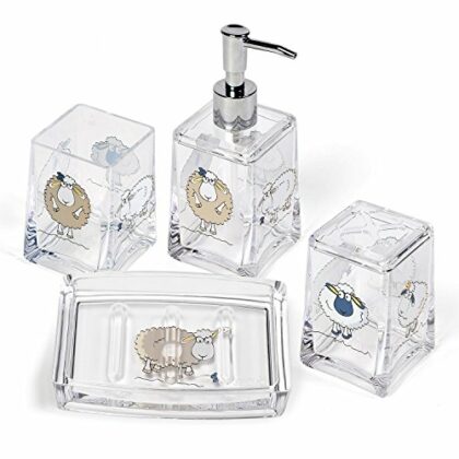 Tatkraft Acryl Funny Sheep Conjunto de 4 Accessorios de Baño: Jabonera, Dispensador de Jabon, Vaso higiene Dental y Vaso para cepillos Dientes